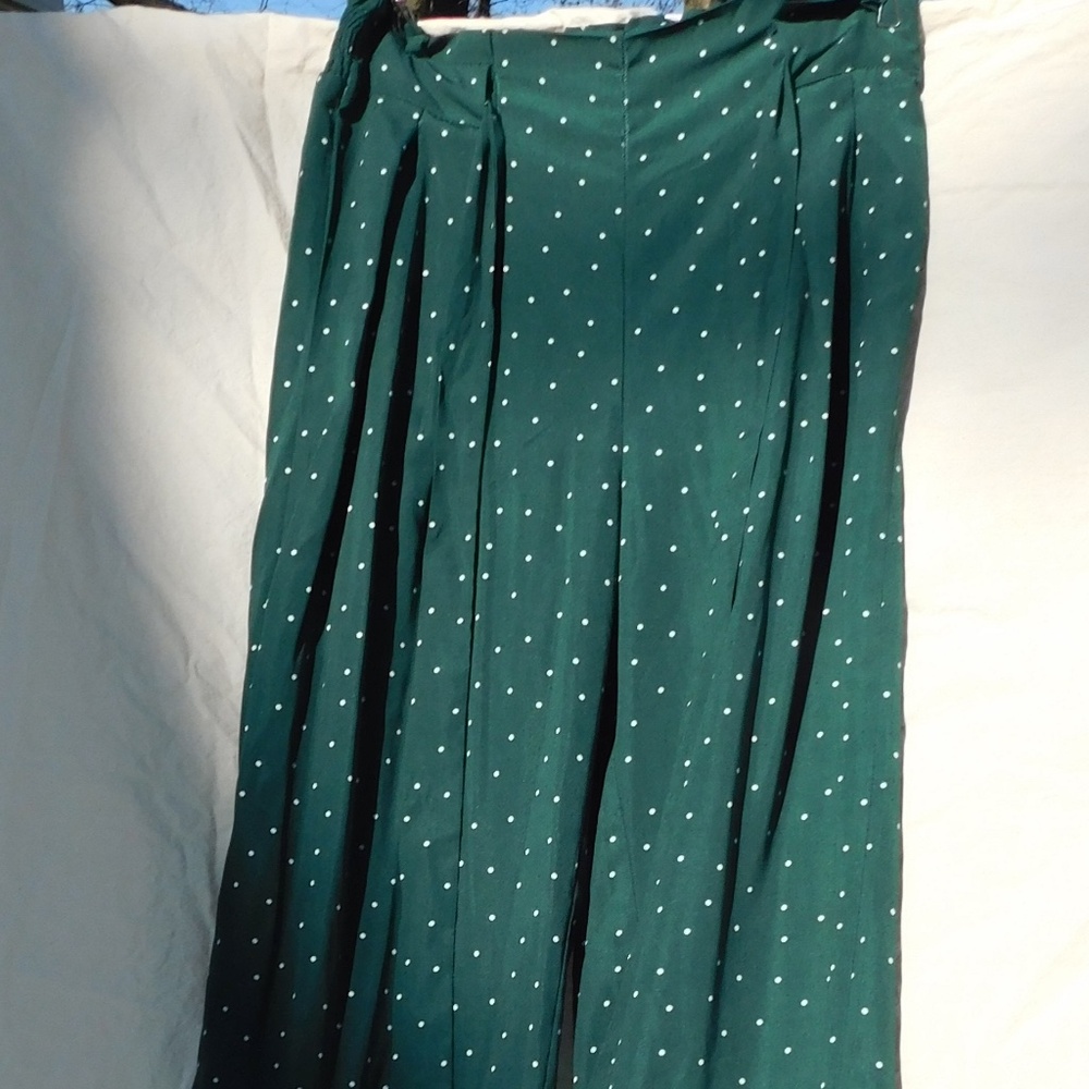 Blu Pepper pants women S, forest green/white polka dots, elastic pullon paperbag